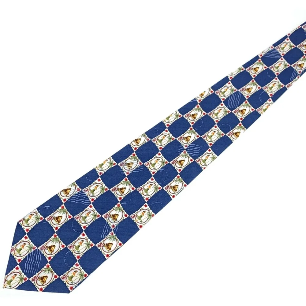 Tommy Bahama Aloha Hawaiian Hula Girl Mail Stamps Tiki Palm Trees Silk Necktie